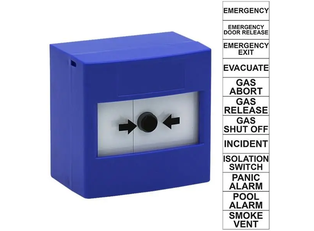 Blå manuell døråpner/knapp - innfellt med dobbelt kontaktsett