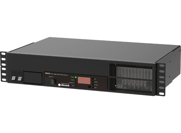 Strømforsyning for rack, 24Vdc, 25A, 2HE plass til 2x20A batteri (medfølger ikke)