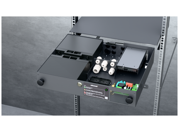 Strømforsyning for rack, 24Vdc, 10A -2HE plass til 2x20A batteri (medfølger ikke)